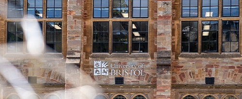 The exterior of an historic building with a University of Bristol sign on the facade